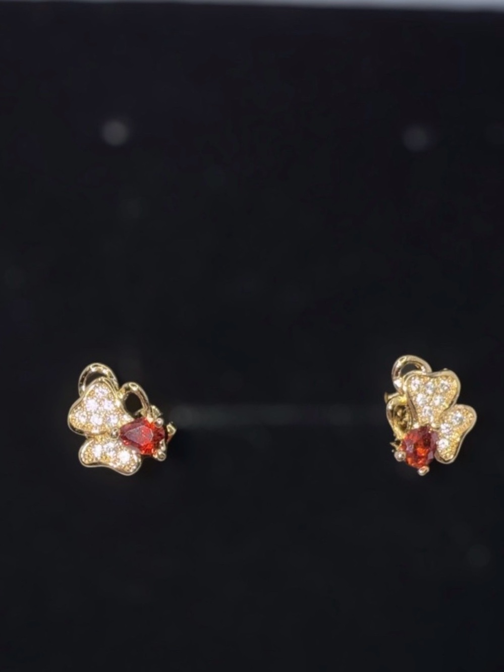 Gold Butterfly Cluster Earrings with Red Crystal Accent